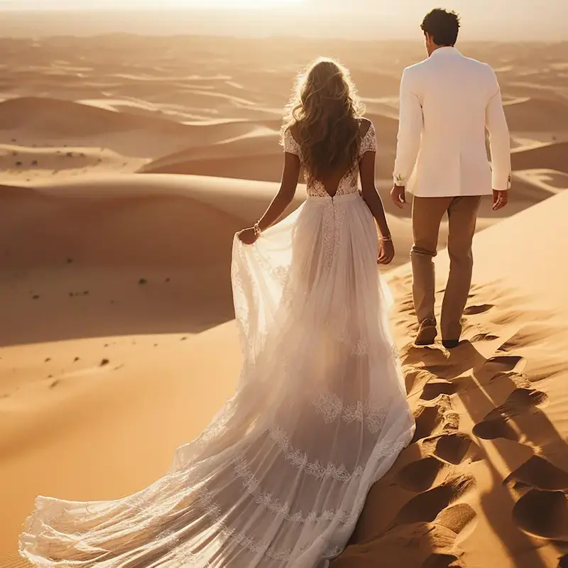 Mariés qui marchent dans le desert