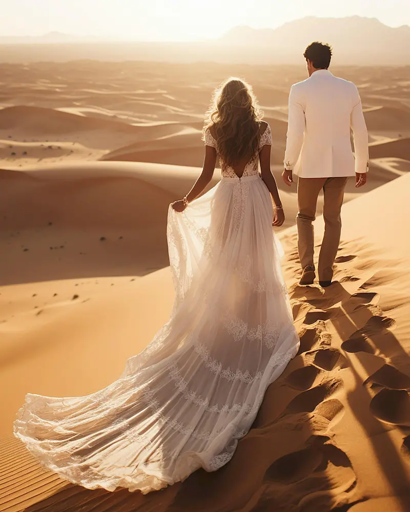 Une mariée qui marche dans le désert avec son mari