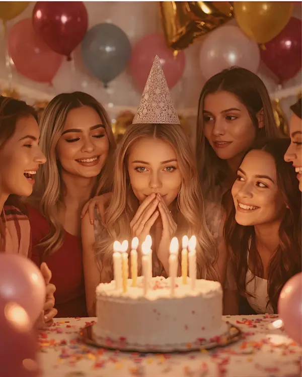 Une jeune fille devant son gateau d'anniversaire