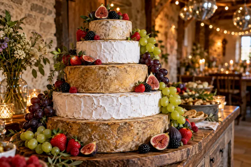 Pièce montée de fromages décorée de raisins, figues et fruits rouges sur un buffet rustique